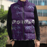 Purple Hawaii Palm Tree Hibiscus Sleeveless Puffer Jacket Fantasy Summer Vibe