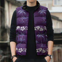 Purple Hawaii Palm Tree Hibiscus Sleeveless Puffer Jacket Fantasy Summer Vibe