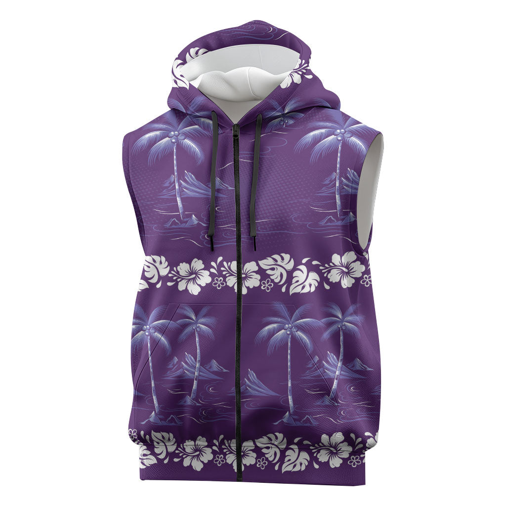 Purple Hawaii Palm Tree Hibiscus Sleeveless Zip Hoodie Fantasy Summer Vibe LT01 Purple - Polynesian Pride