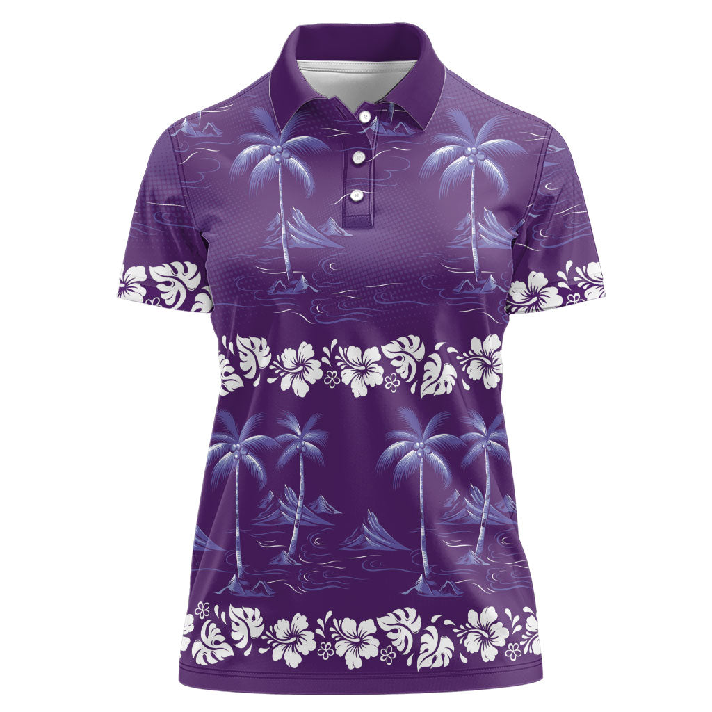 Purple Hawaii Palm Tree Hibiscus Women Polo Shirt Fantasy Summer Vibe