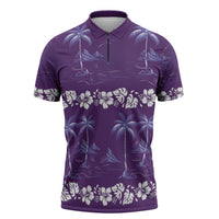 Purple Hawaii Palm Tree Hibiscus Zipper Polo Shirt Fantasy Summer Vibe