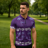 Purple Hawaii Palm Tree Hibiscus Zipper Polo Shirt Fantasy Summer Vibe