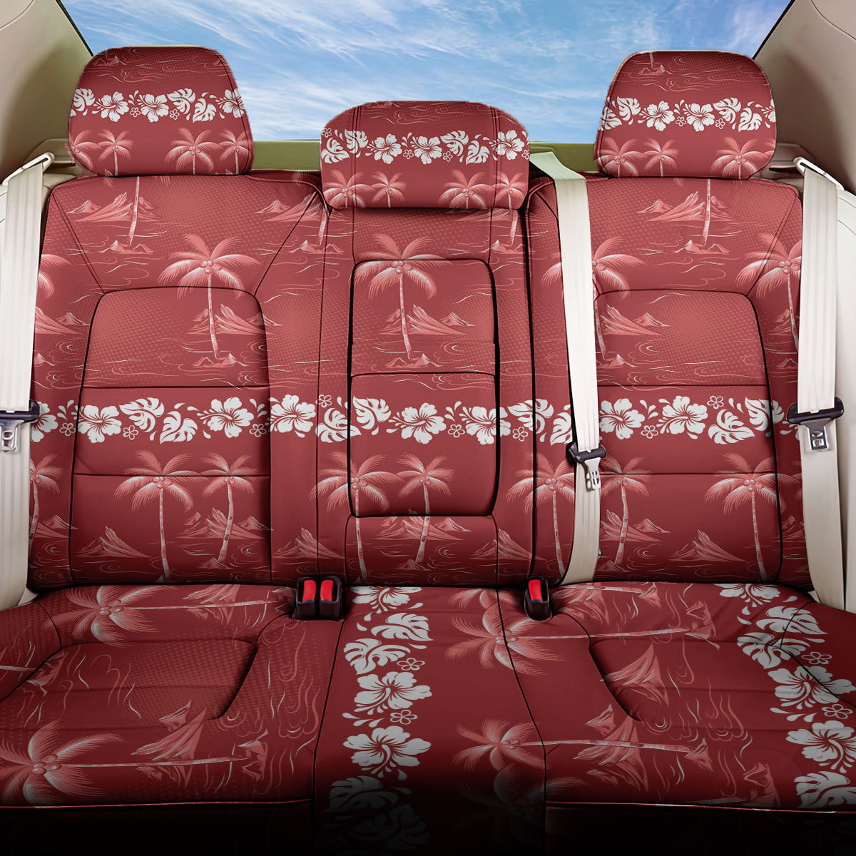 Red Hawaii Palm Tree Hibiscus Back Car Seat Cover Fantasy Summer Vibe LT01 One Size Red - Polynesian Pride
