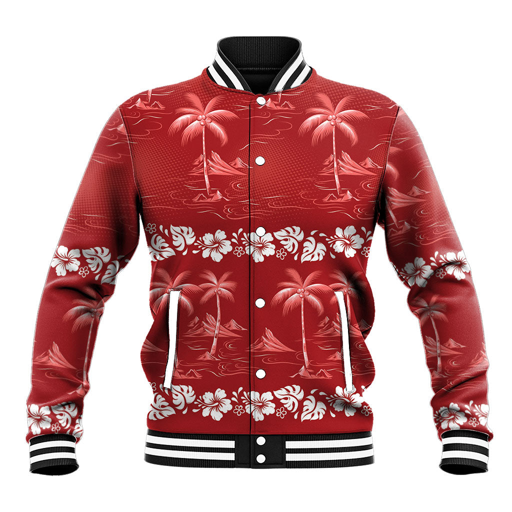 Red Hawaii Palm Tree Hibiscus Baseball Jacket Fantasy Summer Vibe LT01 Unisex Red - Polynesian Pride