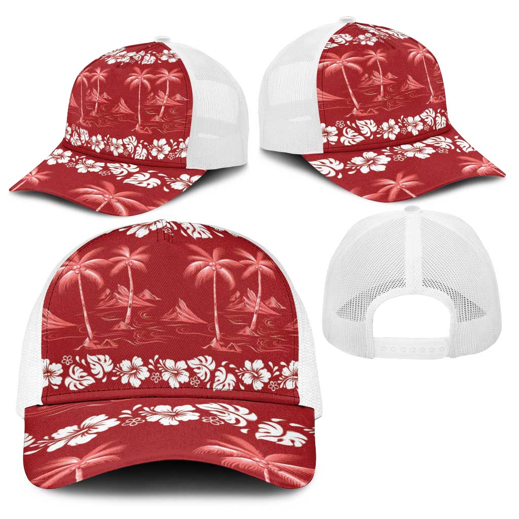 Red Hawaii Palm Tree Hibiscus Baseball Net Cap Fantasy Summer Vibe