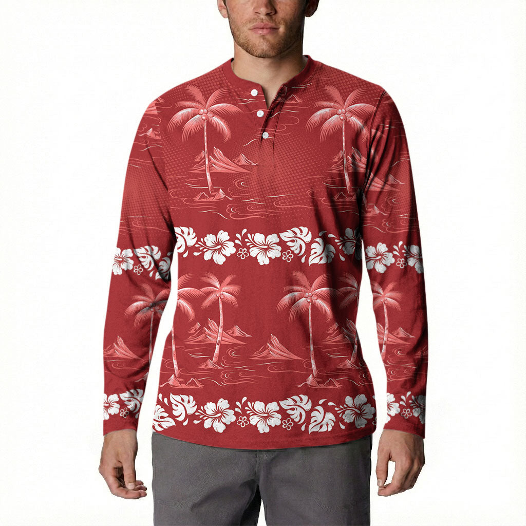 Red Hawaii Palm Tree Hibiscus Button Sweatshirt Fantasy Summer Vibe