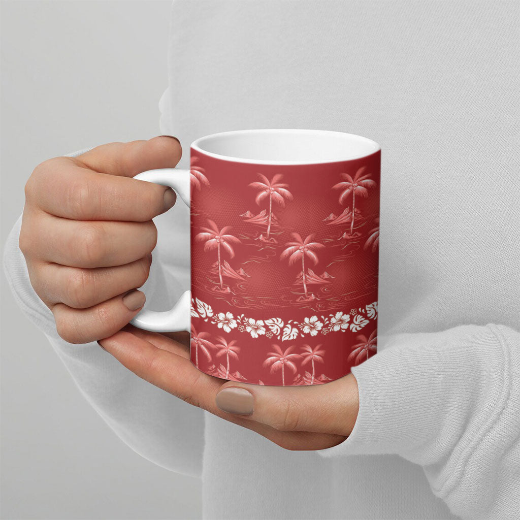 Red Hawaii Palm Tree Hibiscus Ceramic Mug Fantasy Summer Vibe