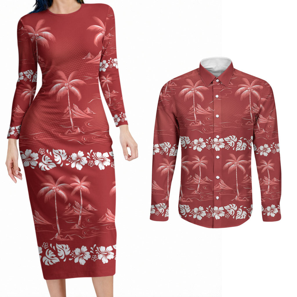 Red Hawaii Palm Tree Hibiscus Couples Matching Long Sleeve Bodycon Dress and Long Sleeve Button Shirt Fantasy Summer Vibe LT01 Red - Polynesian Pride