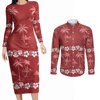 Red Hawaii Palm Tree Hibiscus Couples Matching Long Sleeve Bodycon Dress and Long Sleeve Button Shirt Fantasy Summer Vibe LT01 Red - Polynesian Pride