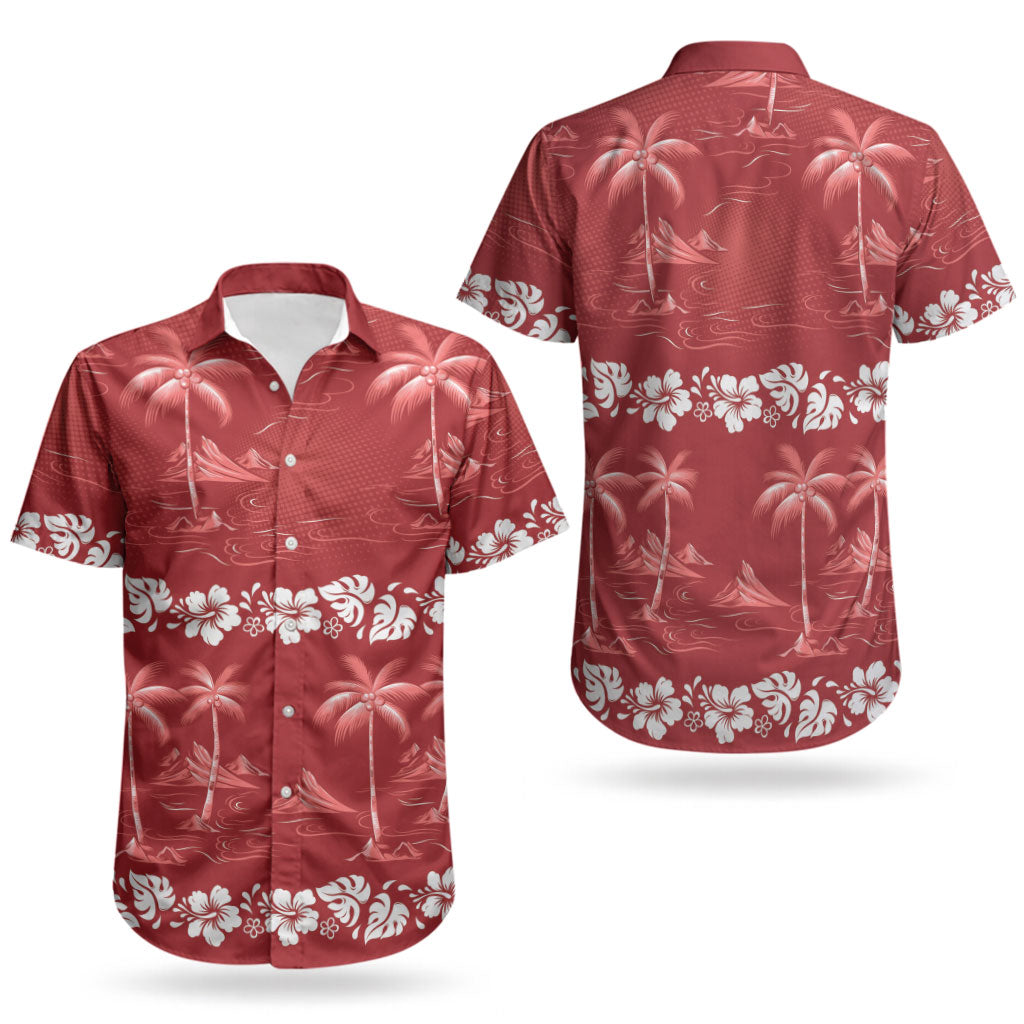 Red Hawaii Palm Tree Hibiscus Couples Matching Off Shoulder Maxi Dress and Hawaiian Shirt Fantasy Summer Vibe LT01 - Polynesian Pride