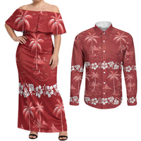 Red Hawaii Palm Tree Hibiscus Couples Matching Off Shoulder Maxi Dress and Long Sleeve Button Shirt Fantasy Summer Vibe LT01 Red - Polynesian Pride