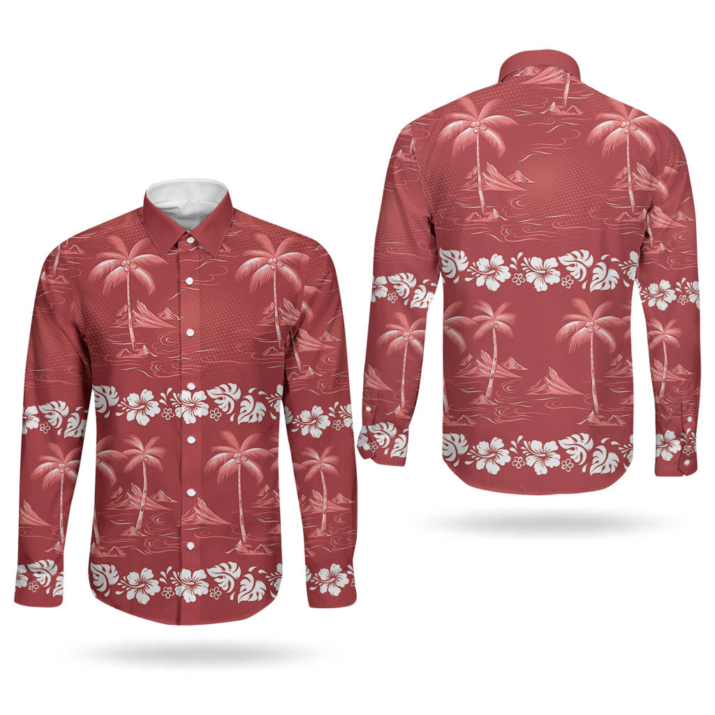 Red Hawaii Palm Tree Hibiscus Couples Matching Off Shoulder Maxi Dress and Long Sleeve Button Shirt Fantasy Summer Vibe LT01 - Polynesian Pride