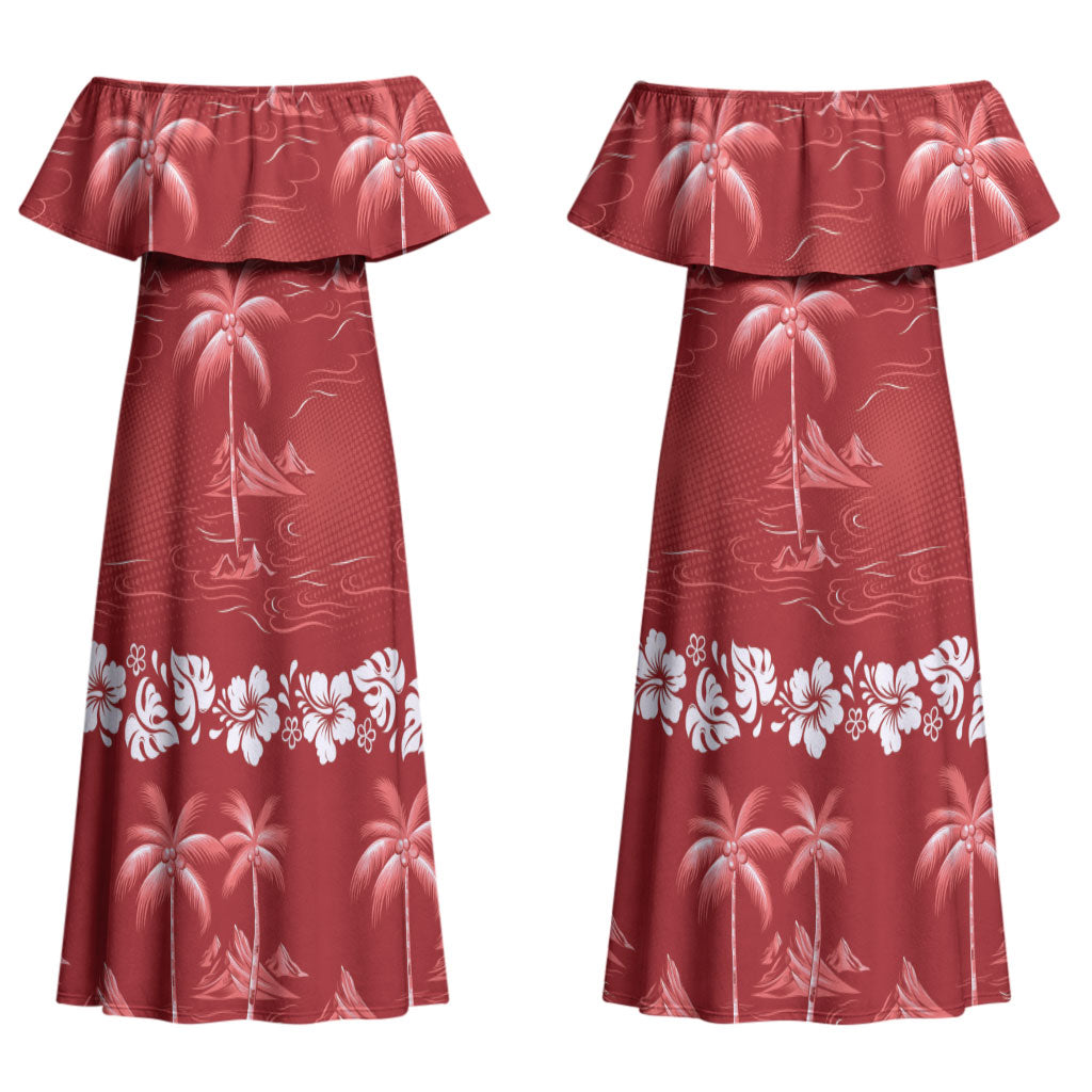 Red Hawaii Palm Tree Hibiscus Couples Matching Off Shoulder Maxi Dress and Long Sleeve Button Shirt Fantasy Summer Vibe LT01 - Polynesian Pride