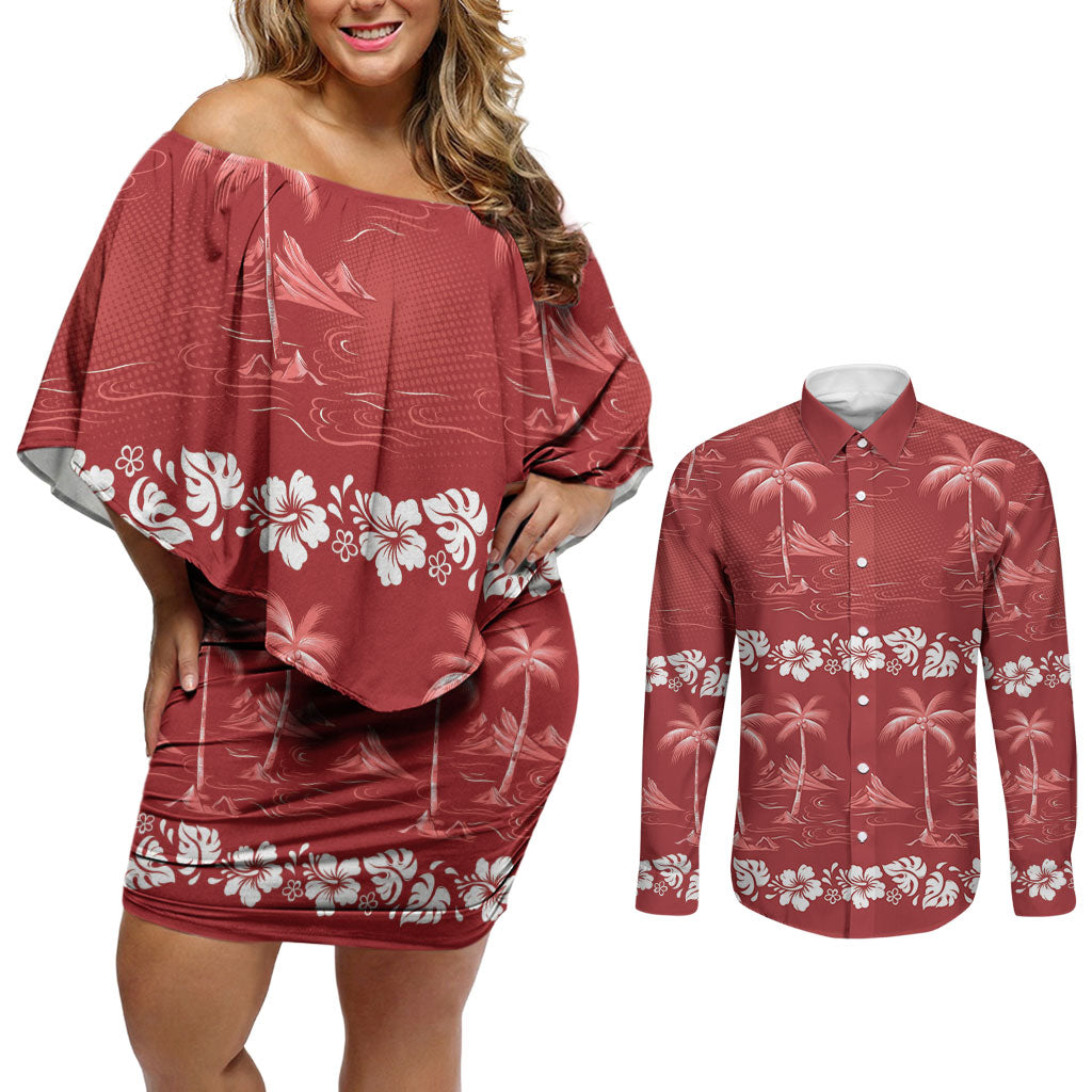 Red Hawaii Palm Tree Hibiscus Couples Matching Off Shoulder Short Dress and Long Sleeve Button Shirt Fantasy Summer Vibe