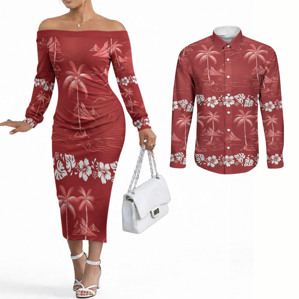 Red Hawaii Palm Tree Hibiscus Couples Matching Off The Shoulder Long Sleeve Dress and Long Sleeve Button Shirt Fantasy Summer Vibe LT01 Red - Polynesian Pride