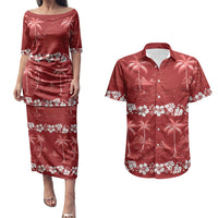 Red Hawaii Palm Tree Hibiscus Couples Matching Puletasi and Hawaiian Shirt Fantasy Summer Vibe