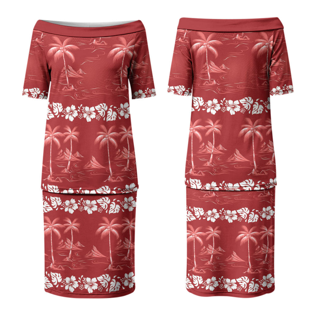Red Hawaii Palm Tree Hibiscus Couples Matching Puletasi and Hawaiian Shirt Fantasy Summer Vibe