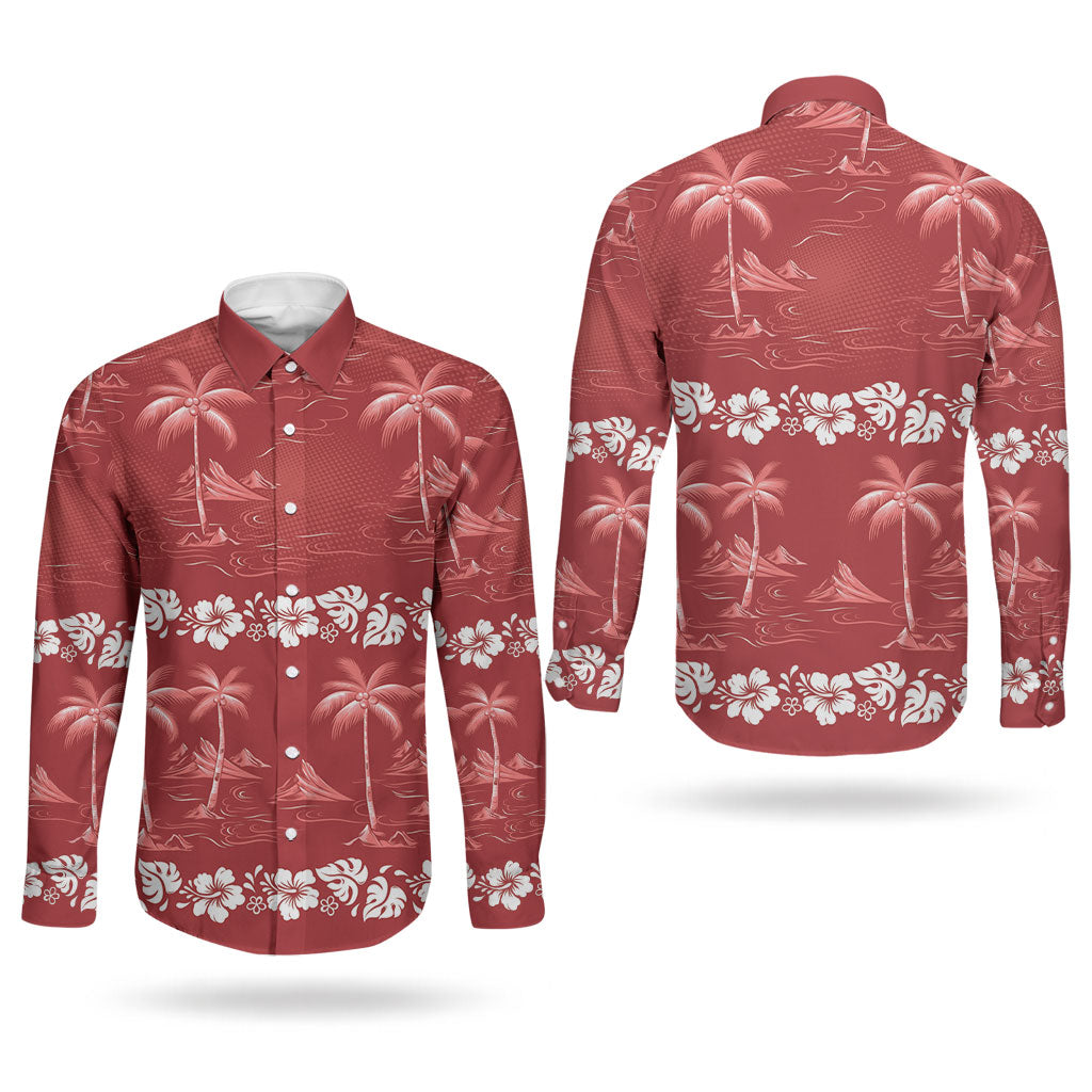 Red Hawaii Palm Tree Hibiscus Couples Matching Puletasi and Long Sleeve Button Shirt Fantasy Summer Vibe LT01 - Polynesian Pride