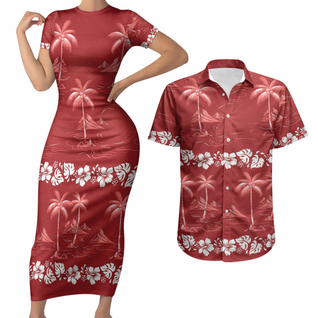 Red Hawaii Palm Tree Hibiscus Couples Matching Short Sleeve Bodycon Dress and Hawaiian Shirt Fantasy Summer Vibe