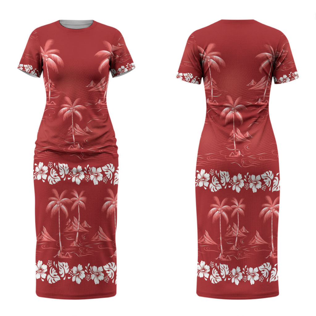 Red Hawaii Palm Tree Hibiscus Couples Matching Short Sleeve Bodycon Dress and Hawaiian Shirt Fantasy Summer Vibe LT01 - Polynesian Pride