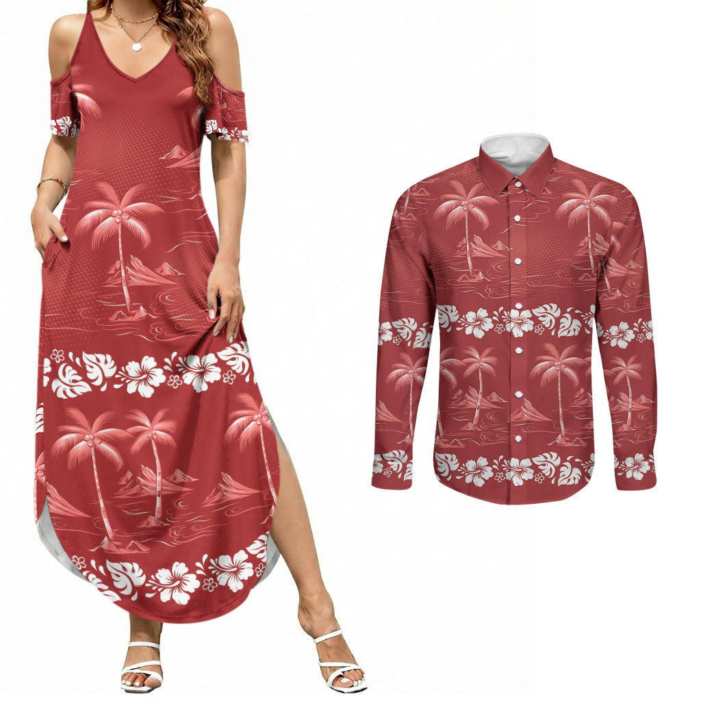 Red Hawaii Palm Tree Hibiscus Couples Matching Summer Maxi Dress and Long Sleeve Button Shirt Fantasy Summer Vibe