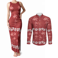 Red Hawaii Palm Tree Hibiscus Couples Matching Tank Maxi Dress and Long Sleeve Button Shirt Fantasy Summer Vibe LT01 Red - Polynesian Pride