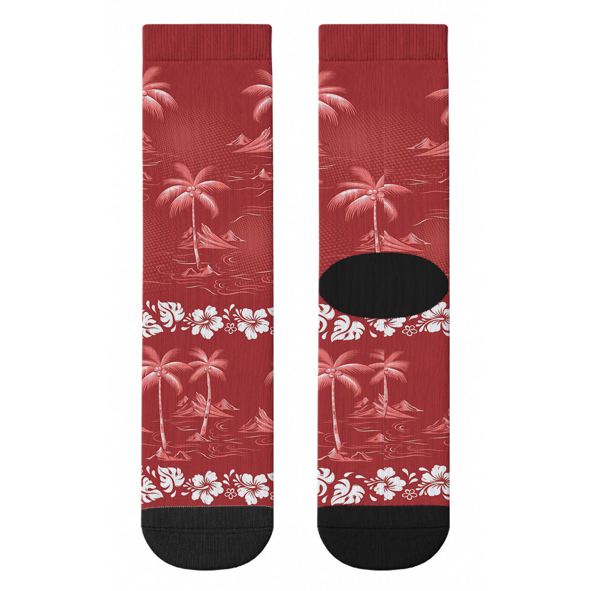 Red Hawaii Palm Tree Hibiscus Crew Socks Fantasy Summer Vibe LT01 - Polynesian Pride
