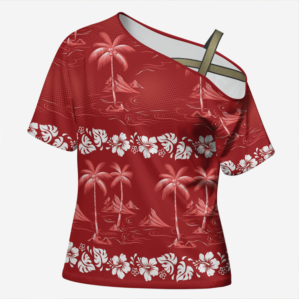 Red Hawaii Palm Tree Hibiscus Cross Shoulder Shirt Fantasy Summer Vibe LT01 Female Red - Polynesian Pride