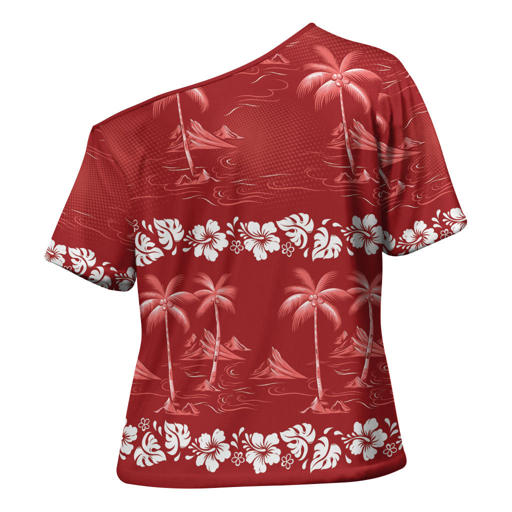 Red Hawaii Palm Tree Hibiscus Cross Shoulder Shirt Fantasy Summer Vibe LT01 - Polynesian Pride