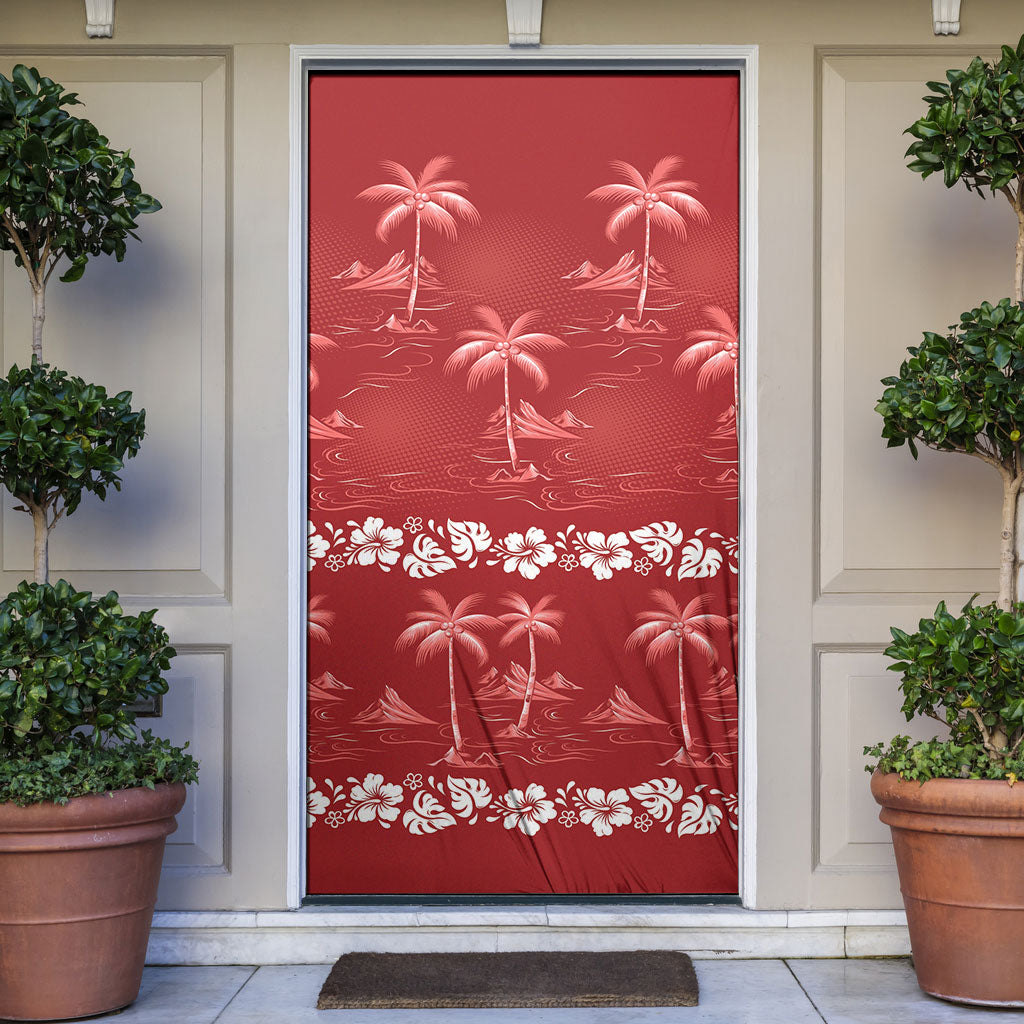 Red Hawaii Palm Tree Hibiscus Door Cover Fantasy Summer Vibe