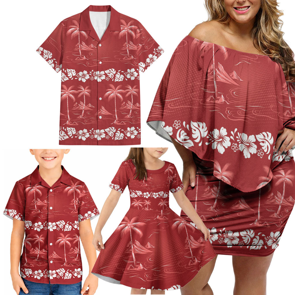 Red Hawaii Palm Tree Hibiscus Family Matching Off Shoulder Short Dress and Hawaiian Shirt Fantasy Summer Vibe LT01 - Polynesian Pride