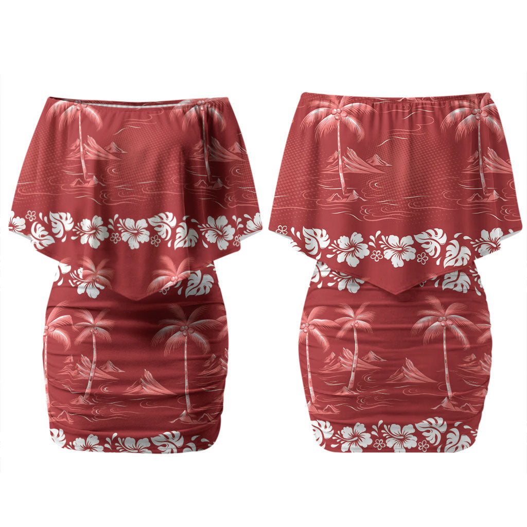 Red Hawaii Palm Tree Hibiscus Family Matching Off Shoulder Short Dress and Hawaiian Shirt Fantasy Summer Vibe LT01 Mom's Dress Red - Polynesian Pride