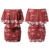 Red Hawaii Palm Tree Hibiscus Family Matching Off Shoulder Short Dress and Hawaiian Shirt Fantasy Summer Vibe LT01 Mom's Dress Red - Polynesian Pride