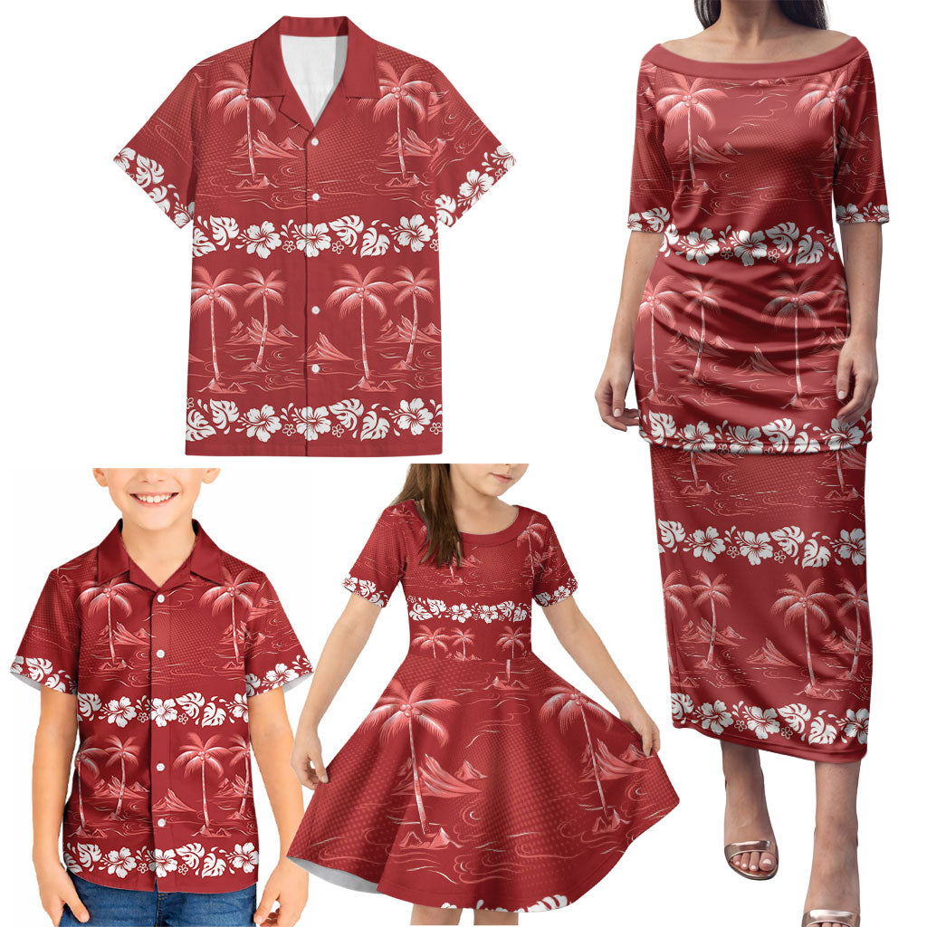 Red Hawaii Palm Tree Hibiscus Family Matching Puletasi and Hawaiian Shirt Fantasy Summer Vibe LT01 - Polynesian Pride