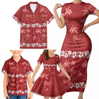 Red Hawaii Palm Tree Hibiscus Family Matching Short Sleeve Bodycon Dress and Hawaiian Shirt Fantasy Summer Vibe LT01 - Polynesian Pride