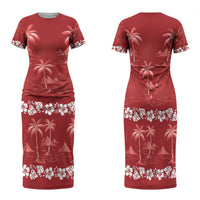 Red Hawaii Palm Tree Hibiscus Family Matching Short Sleeve Bodycon Dress and Hawaiian Shirt Fantasy Summer Vibe LT01 Mom's Dress Red - Polynesian Pride