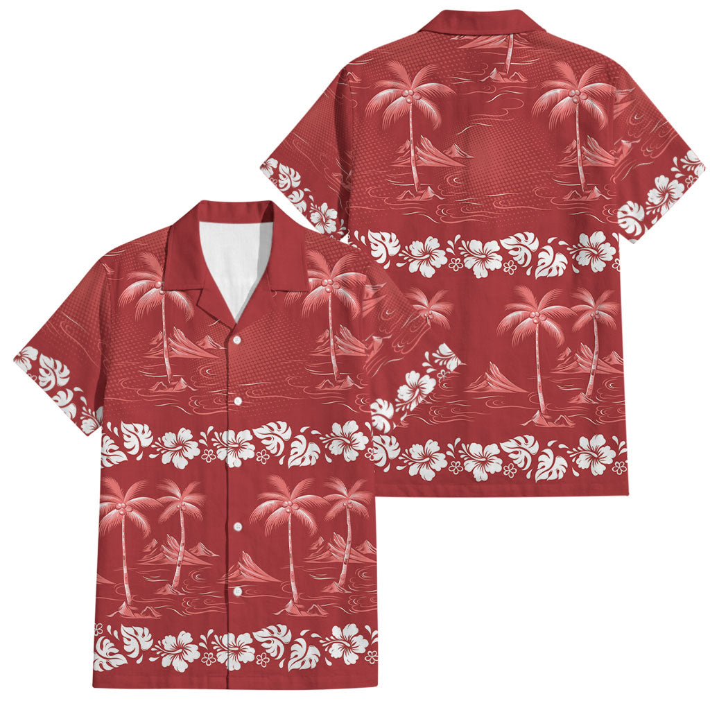 Red Hawaii Palm Tree Hibiscus Family Matching Short Sleeve Bodycon Dress and Hawaiian Shirt Fantasy Summer Vibe LT01 Dad's Shirt - Short Sleeve Red - Polynesian Pride