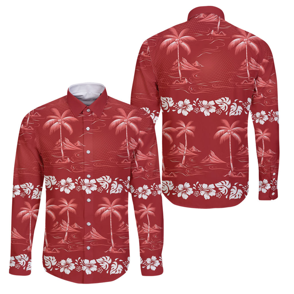 Red Hawaii Palm Tree Hibiscus Family Matching Tank Maxi Dress and Hawaiian Shirt Fantasy Summer Vibe LT01 Dad's Shirt - Long Sleeve Red - Polynesian Pride