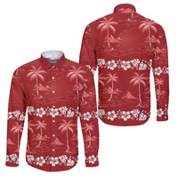 Red Hawaii Palm Tree Hibiscus Family Matching Tank Maxi Dress and Hawaiian Shirt Fantasy Summer Vibe LT01 Dad's Shirt - Long Sleeve Red - Polynesian Pride