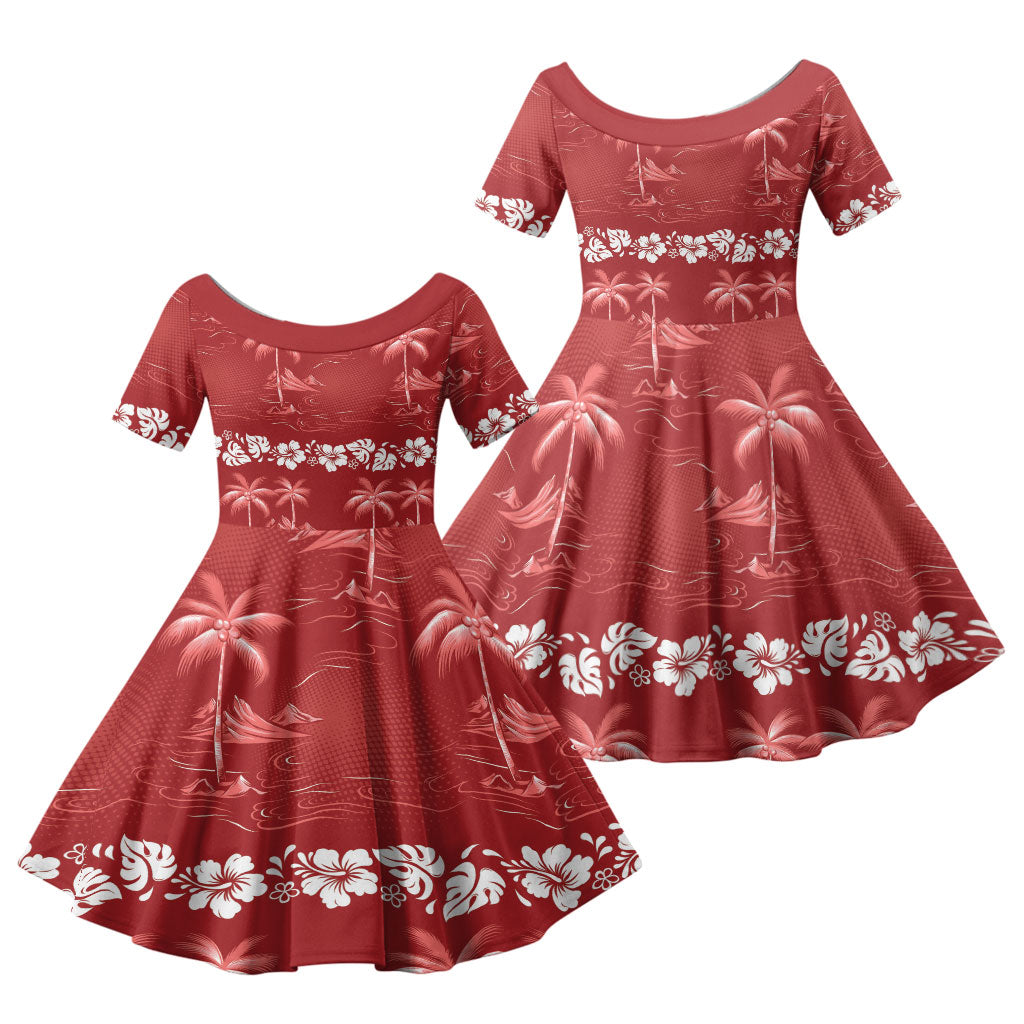 Red Hawaii Palm Tree Hibiscus Family Matching Tank Maxi Dress and Hawaiian Shirt Fantasy Summer Vibe LT01 Daughter's Dress Red - Polynesian Pride