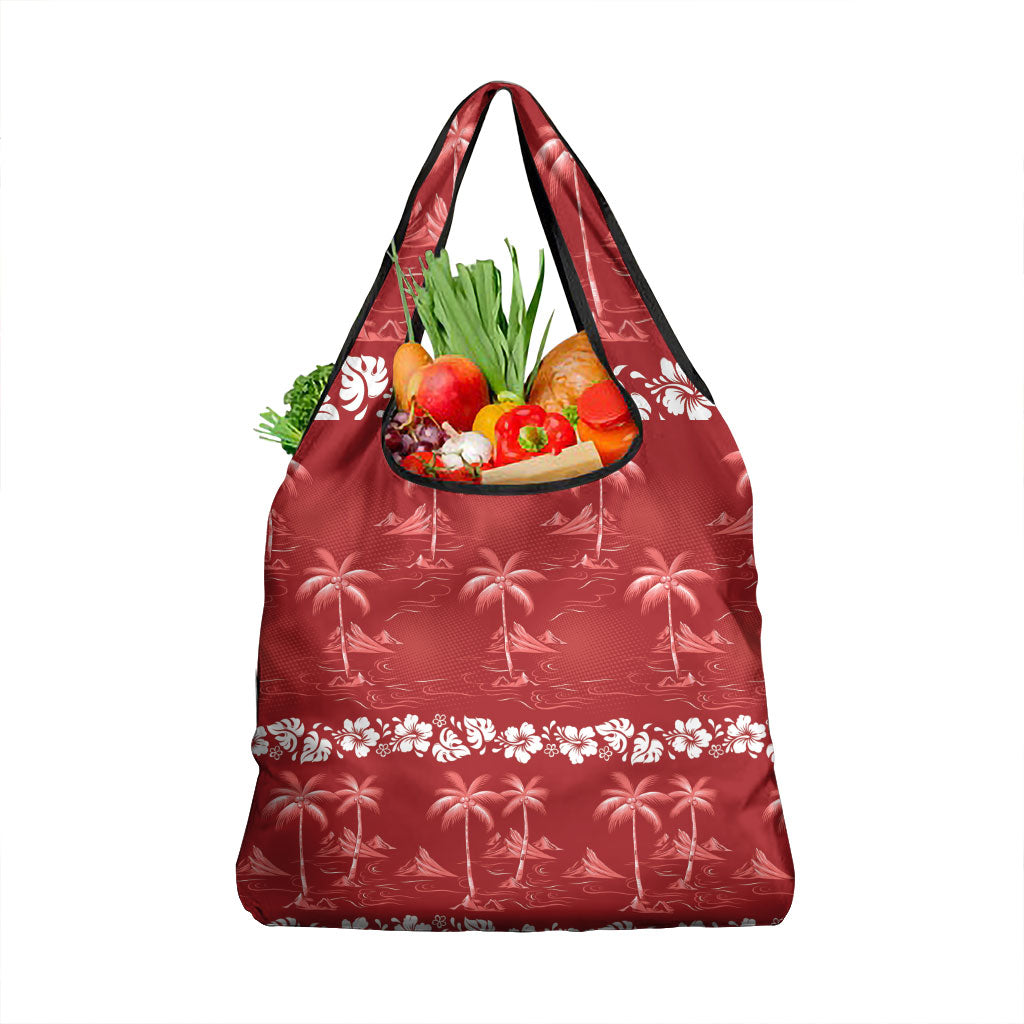 Red Hawaii Palm Tree Hibiscus Grocery Bag Fantasy Summer Vibe