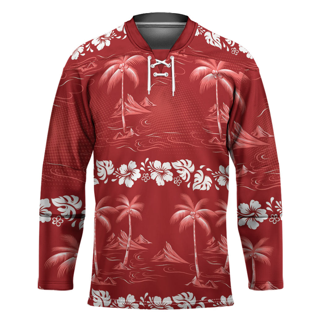 Red Hawaii Palm Tree Hibiscus Hockey Jersey Fantasy Summer Vibe LT01 Unisex Red - Polynesian Pride