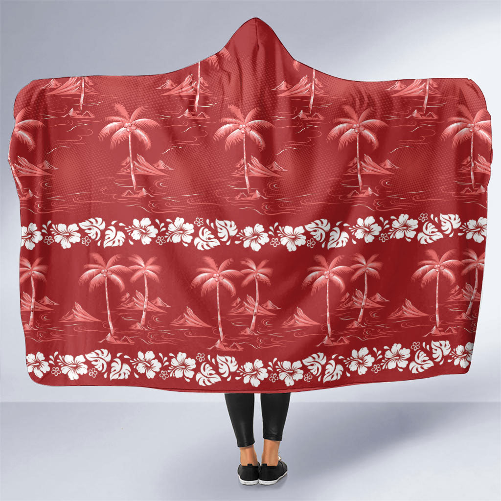 Red Hawaii Palm Tree Hibiscus Hooded Blanket Fantasy Summer Vibe
