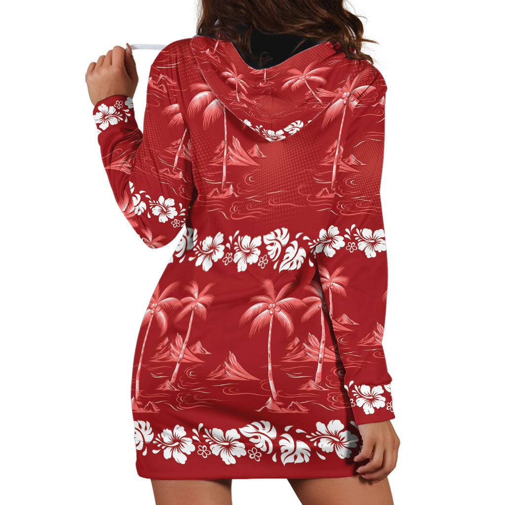 Red Hawaii Palm Tree Hibiscus Hoodie Dress Fantasy Summer Vibe