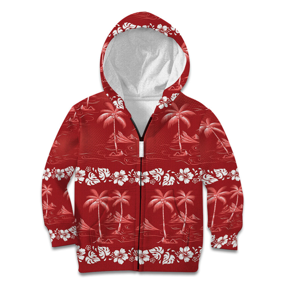 Red Hawaii Palm Tree Hibiscus Kid Hoodie Fantasy Summer Vibe LT01 Zip Hoodie Red - Polynesian Pride