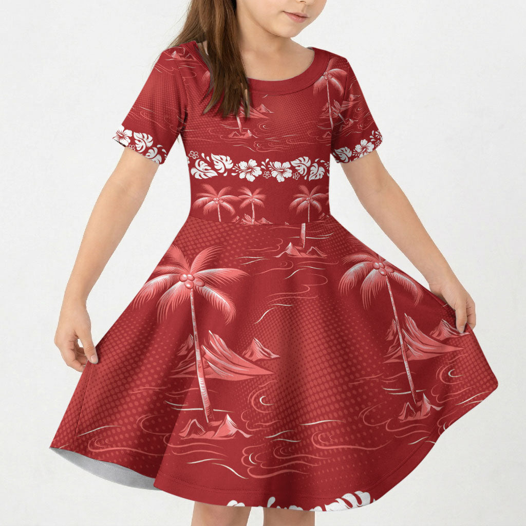 Red Hawaii Palm Tree Hibiscus Kid Short Sleeve Dress Fantasy Summer Vibe LT01 KID Red - Polynesian Pride