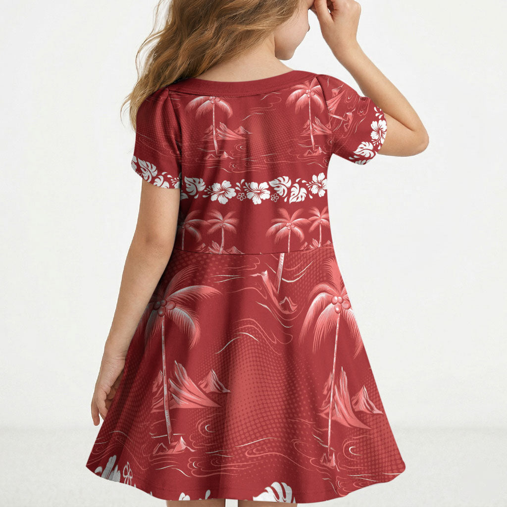 Red Hawaii Palm Tree Hibiscus Kid Short Sleeve Dress Fantasy Summer Vibe LT01 - Polynesian Pride