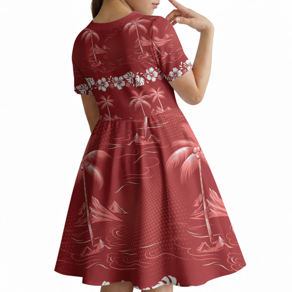Red Hawaii Palm Tree Hibiscus Kid Short Sleeve Dress Fantasy Summer Vibe LT01 - Polynesian Pride