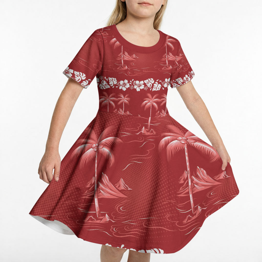Red Hawaii Palm Tree Hibiscus Kid Short Sleeve Dress Fantasy Summer Vibe LT01 - Polynesian Pride