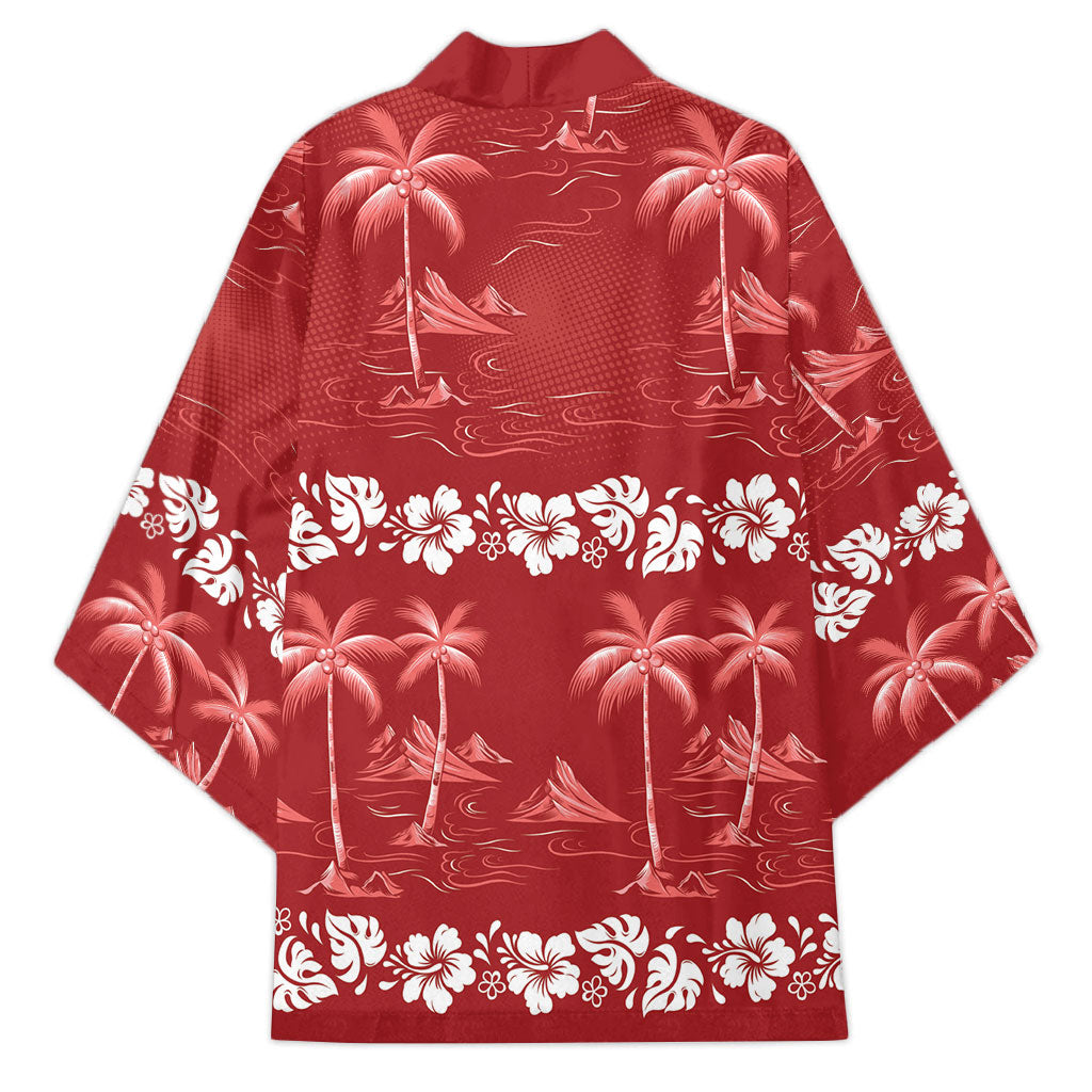 Red Hawaii Palm Tree Hibiscus Kimono Fantasy Summer Vibe LT01 - Polynesian Pride